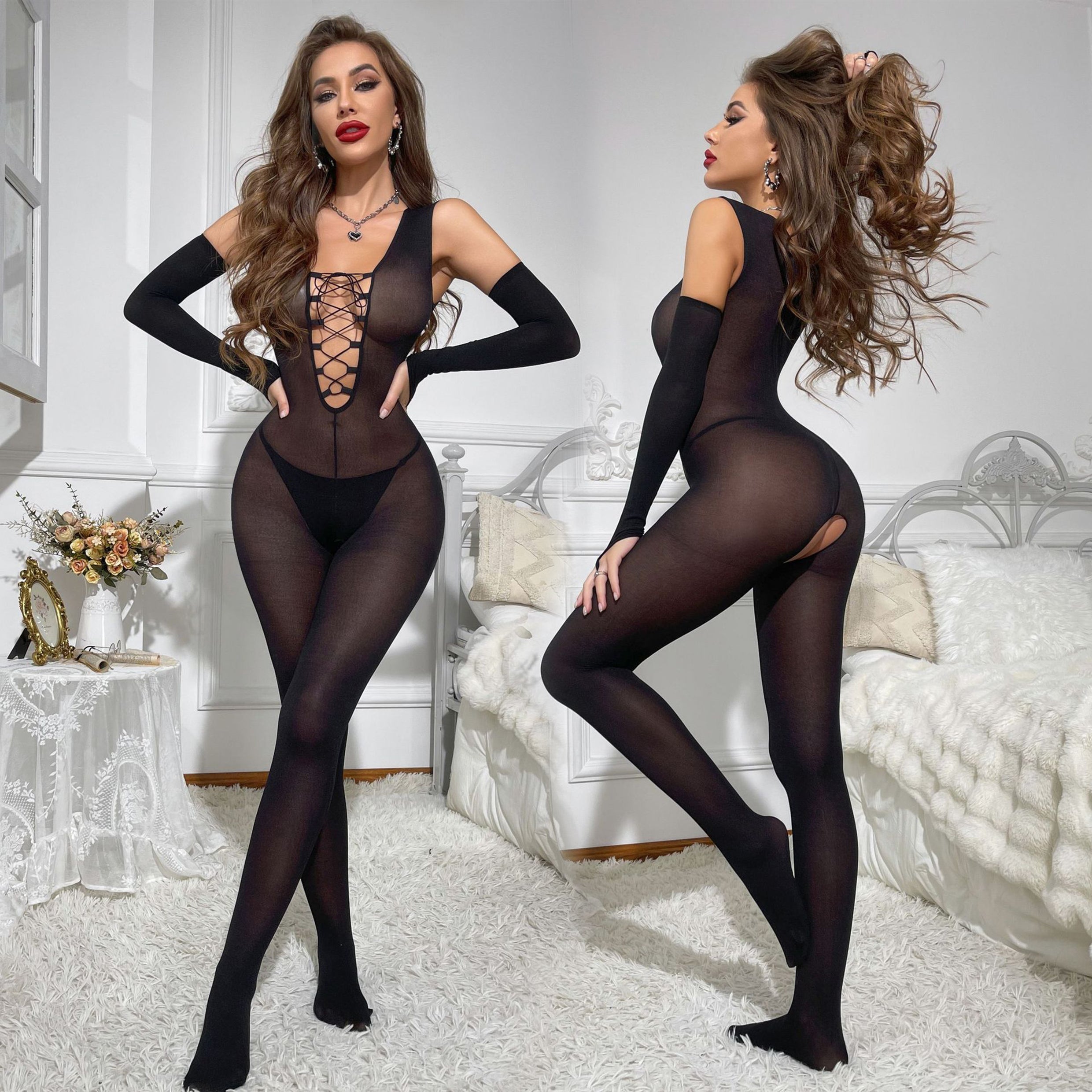 Sexy long-sleeved open crotch stockings tights