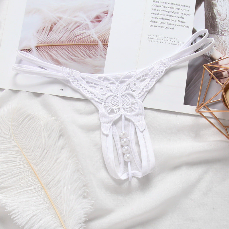Embroidered Sexy Transparent Hollow Pearl Thong