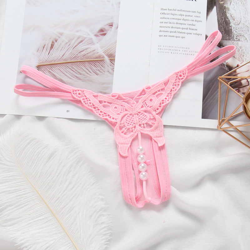 Embroidered Sexy Transparent Hollow Pearl Thong
