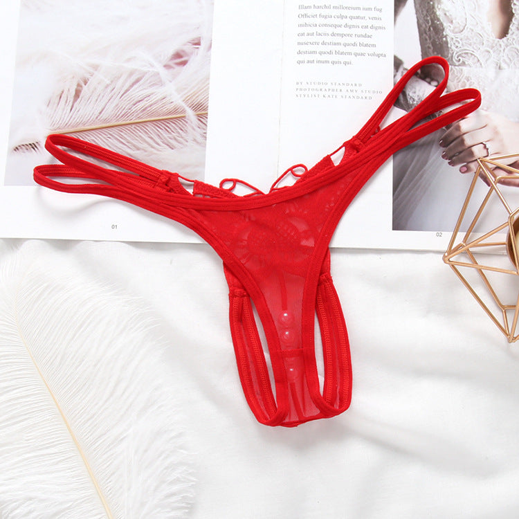 Embroidered Sexy Transparent Hollow Pearl Thong