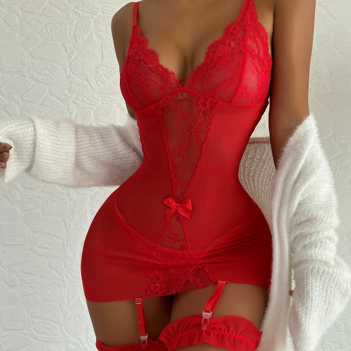 Sheer Lace Bodycon Lingerie Dress with Strappy Lace Details