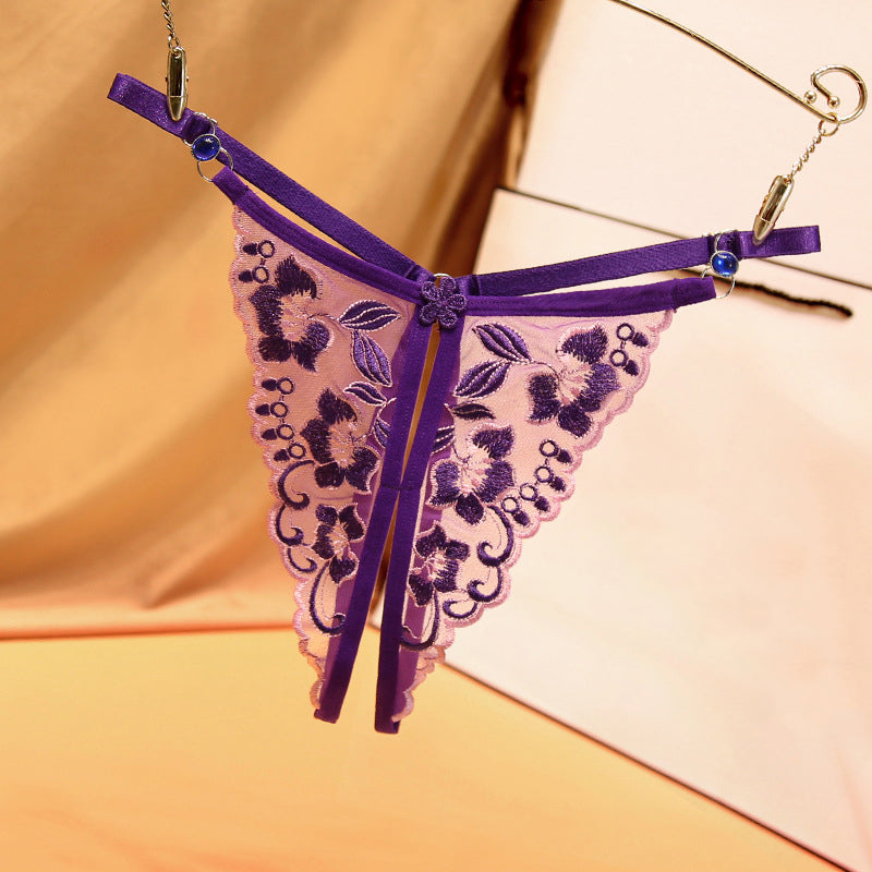 See-through embroidered sexy diamond belt open crotch free thong