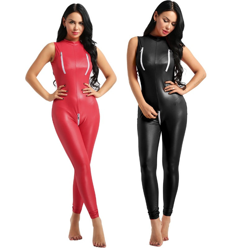 "Women’s Faux Leather Zipper Front Catsuit – Sleeveless Bodycon Jumpsuit Clubwear"