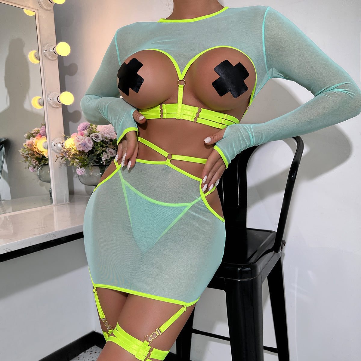 Sexy 5-Piece Strappy Lingerie Set – Cut-Out Long Sleeve & Leg Rings