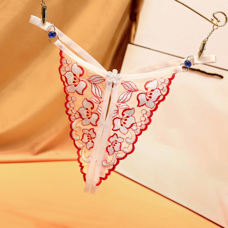 See-through embroidered sexy diamond belt open crotch free thong