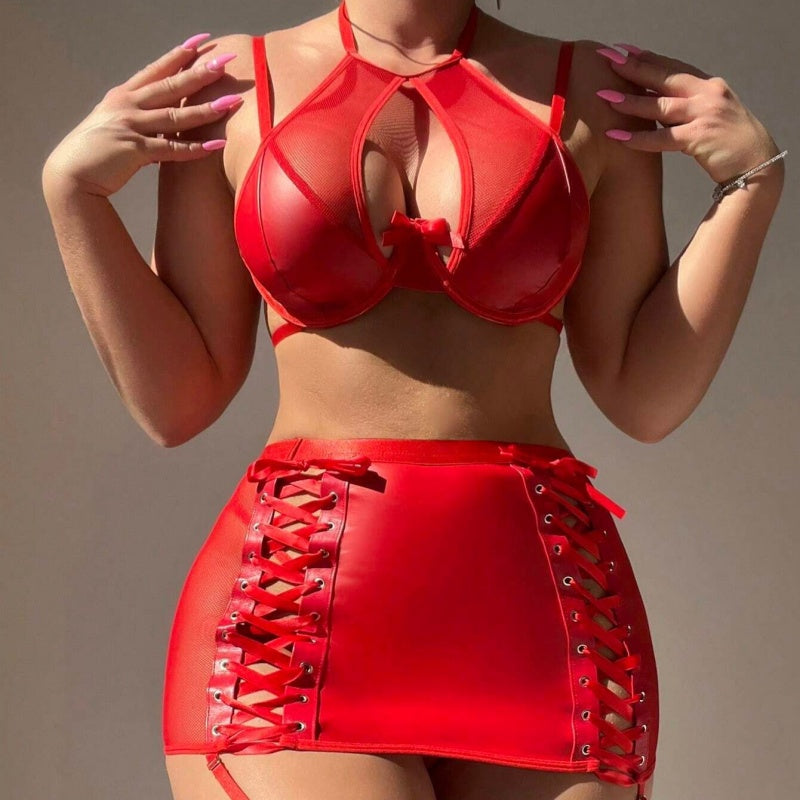 Leather-Patterned Sexy Bandage Two-Piece Lingerie Set