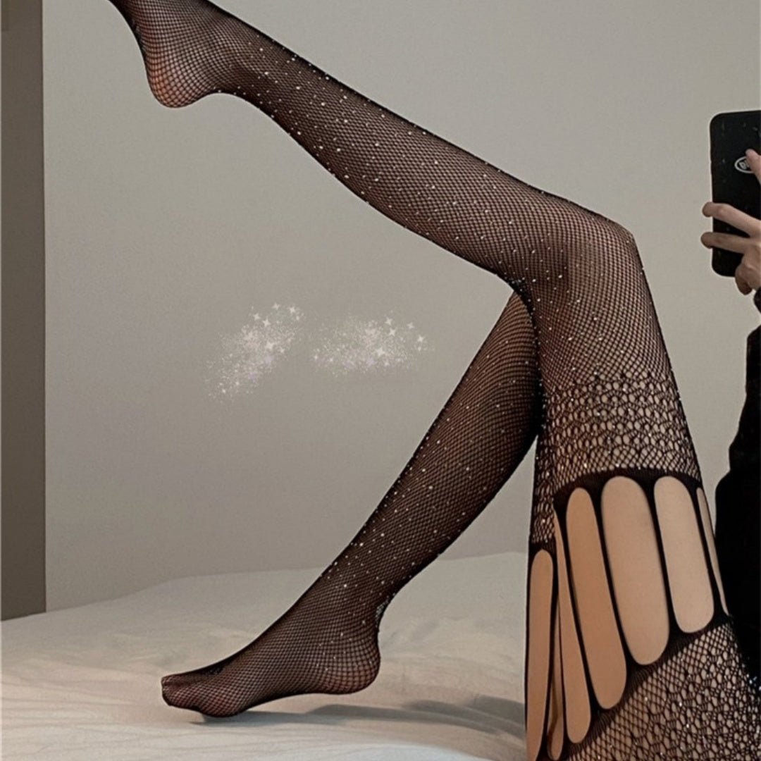 Open crotch lace rhinestone suspender fishnet stockings