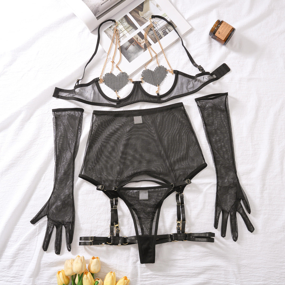 Red Transparent Chain Lingerie Set - 5 Piece Set