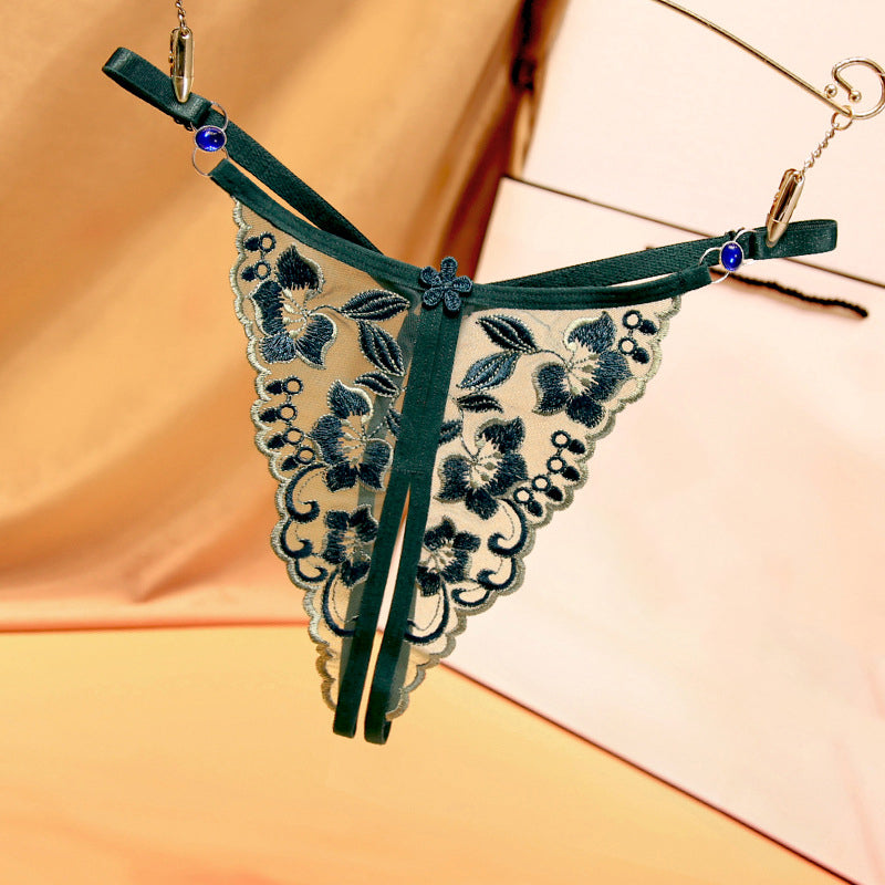 See-through embroidered sexy diamond belt open crotch free thong
