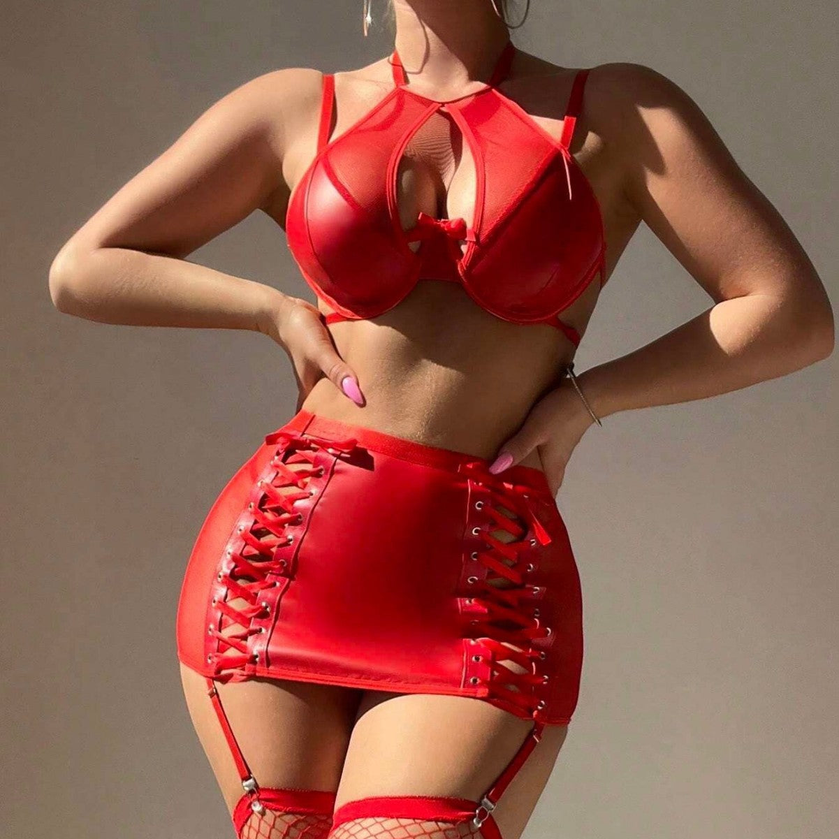 Leather-Patterned Sexy Bandage Two-Piece Lingerie Set