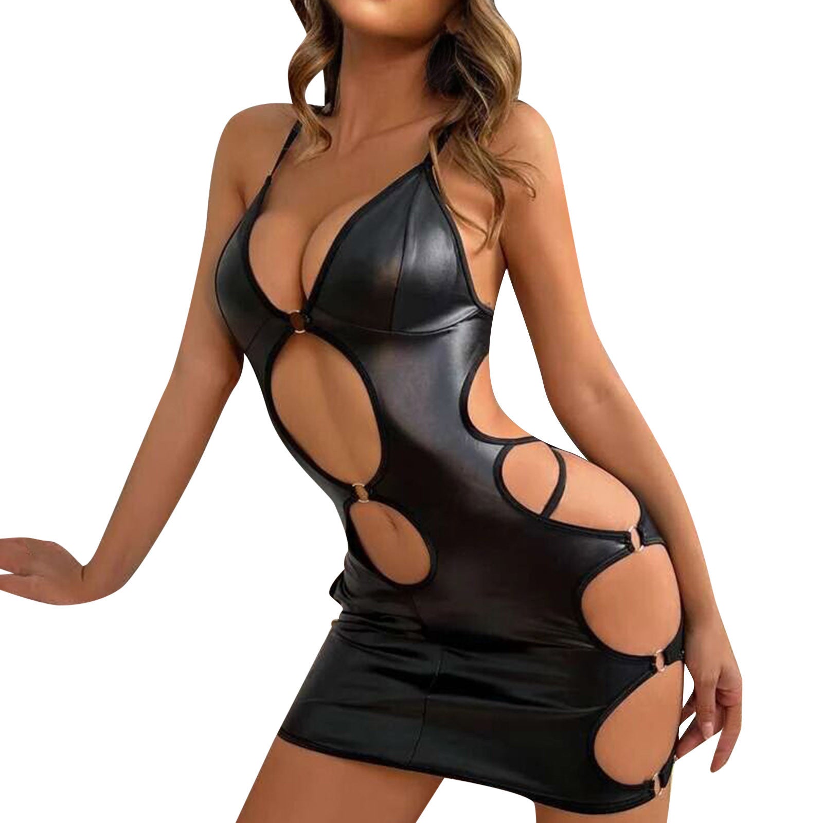 Sexy Cut-Out Leather Look Mini Dress – Bodycon Clubwear Lingerie for Women
