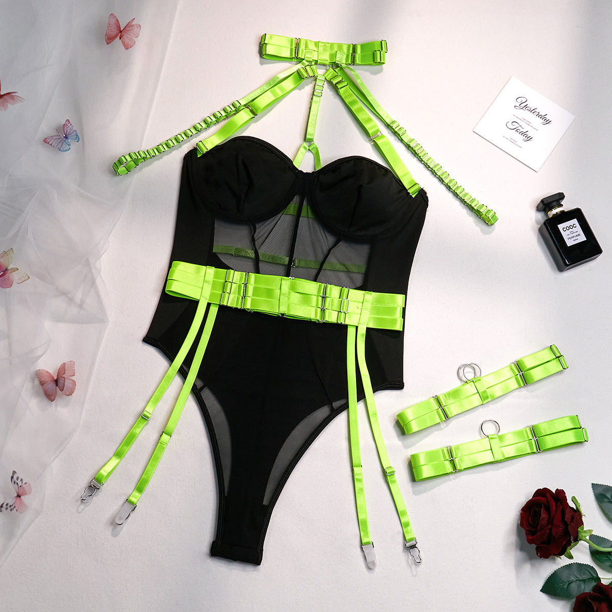 Bold & Seductive Buckled Bodysuit – Shaping Mesh with Strappy Harness Details