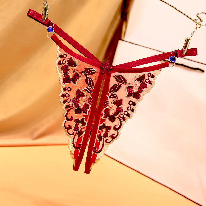 See-through embroidered sexy diamond belt open crotch free thong