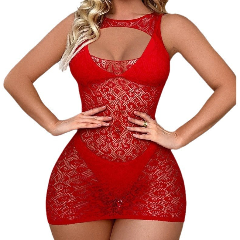 Seductive Hollow Out Bodycon Mesh Dress with Matching Gloves