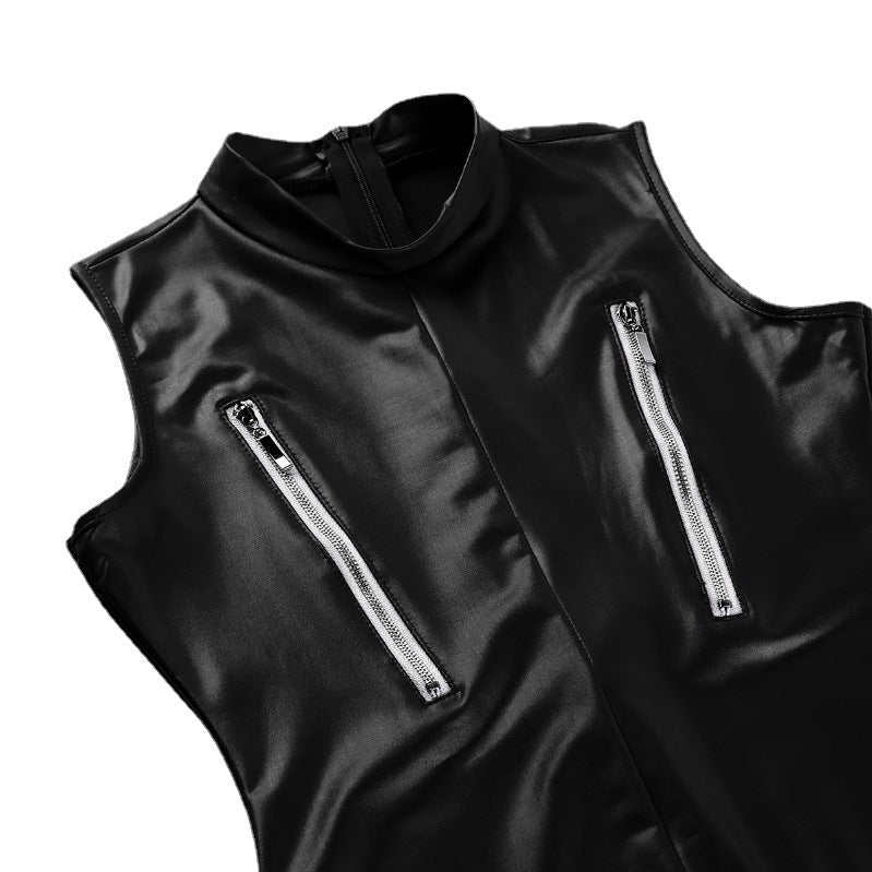 "Women’s Faux Leather Zipper Front Catsuit – Sleeveless Bodycon Jumpsuit Clubwear"