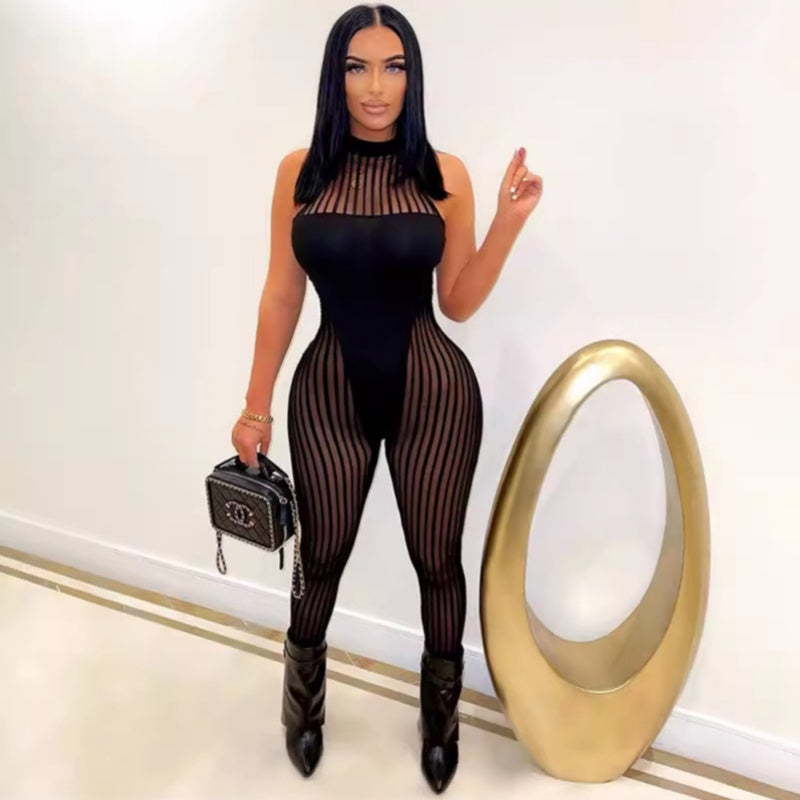 Striped slim-fit sleeveless jumpsuit