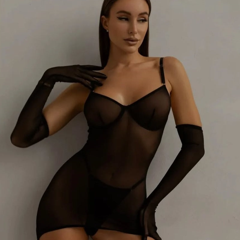 Mesh suspender silk underwear set (including gloves)
