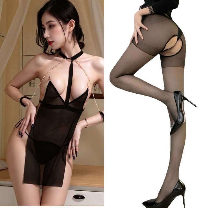 Sheer Mesh Body Dress Set with Chain Detail
