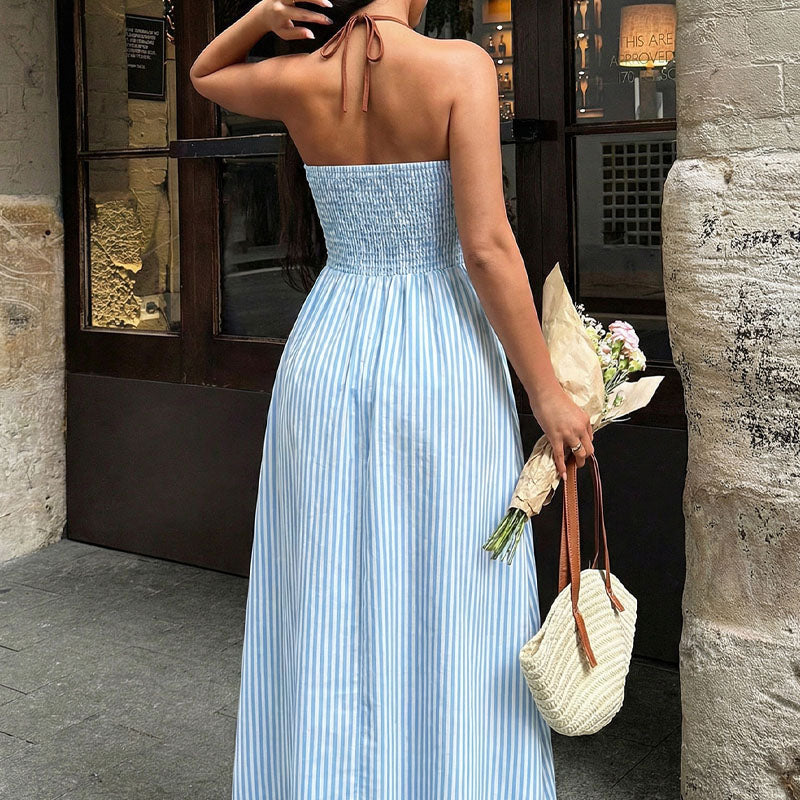Elegant Striped Halter Resort Maxi Dress
