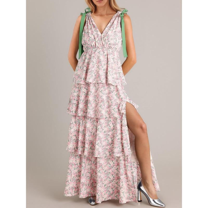 Elegant Tie-Shoulder Floral Tiered Maxi Dress