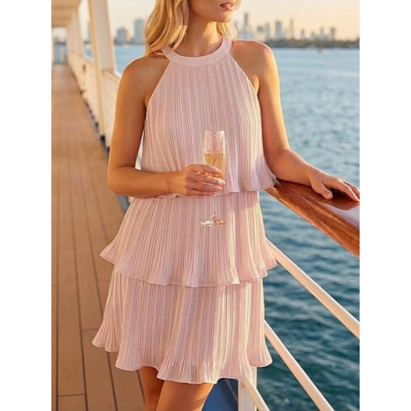 Elegant Pleated Tiered Halter Dress
