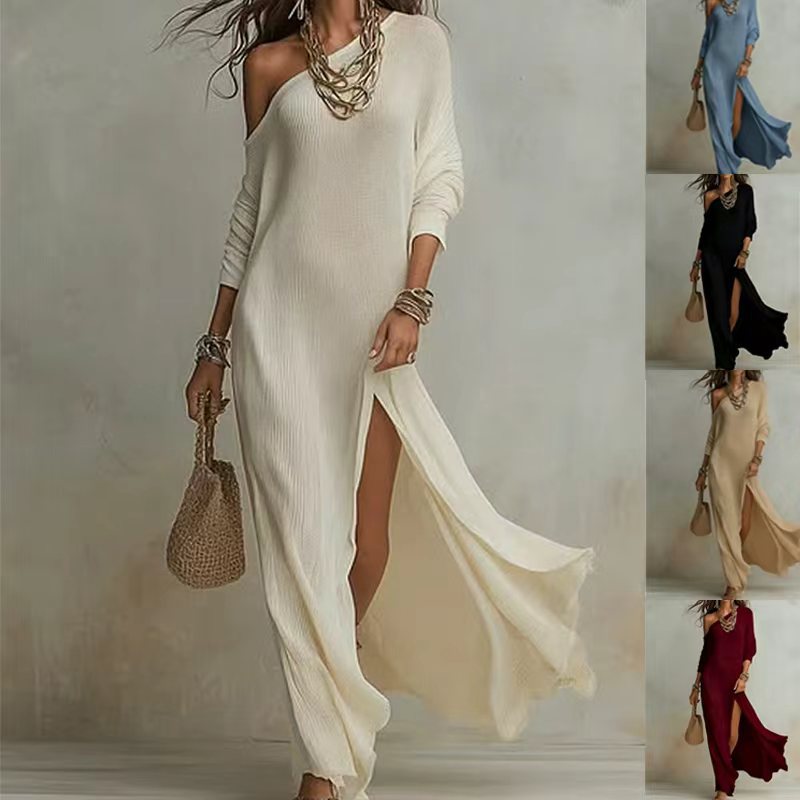Ruched Knit Slit Midi Dress