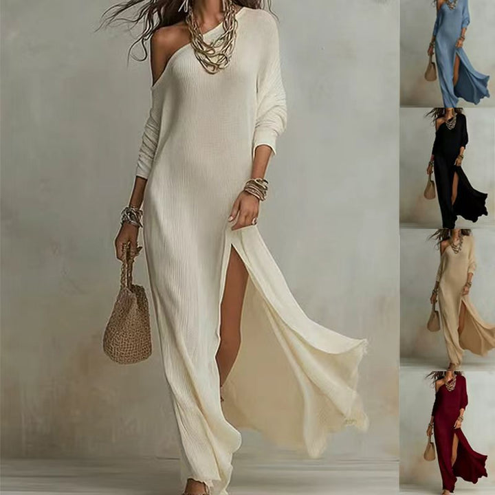 Ruched Knit Slit Midi Dress