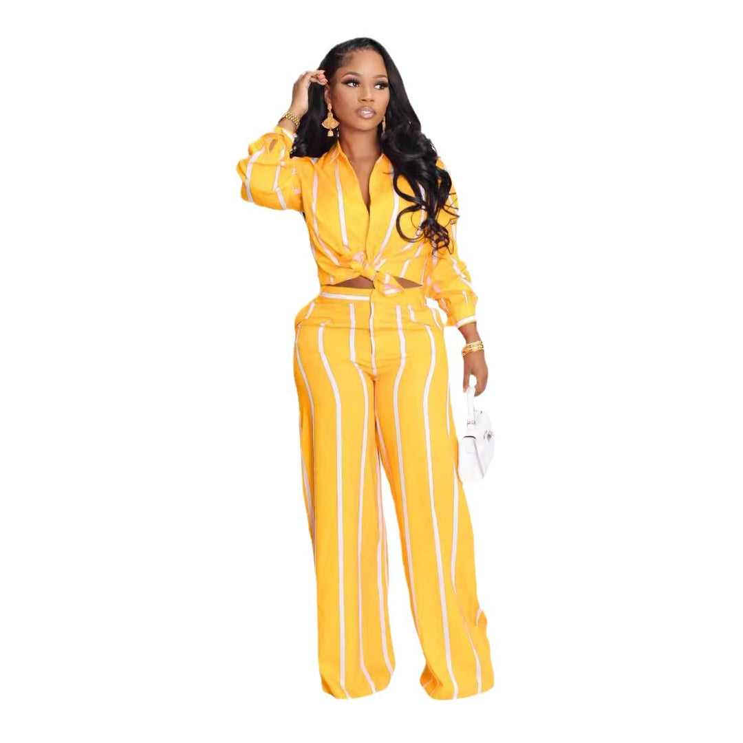 Striped Button-Up Shirt &amp; Straight Leg Pants Set
