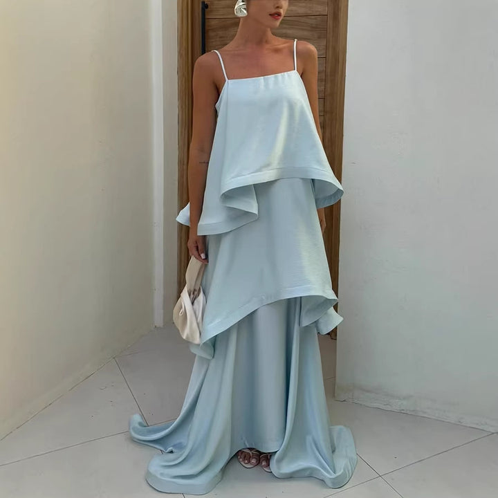 Elegant Tiered Satin Resort Maxi Dress