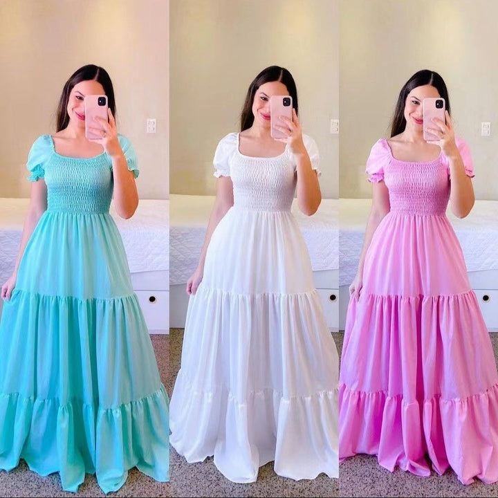 Square Neck Puff Sleeve Maxi Dress
