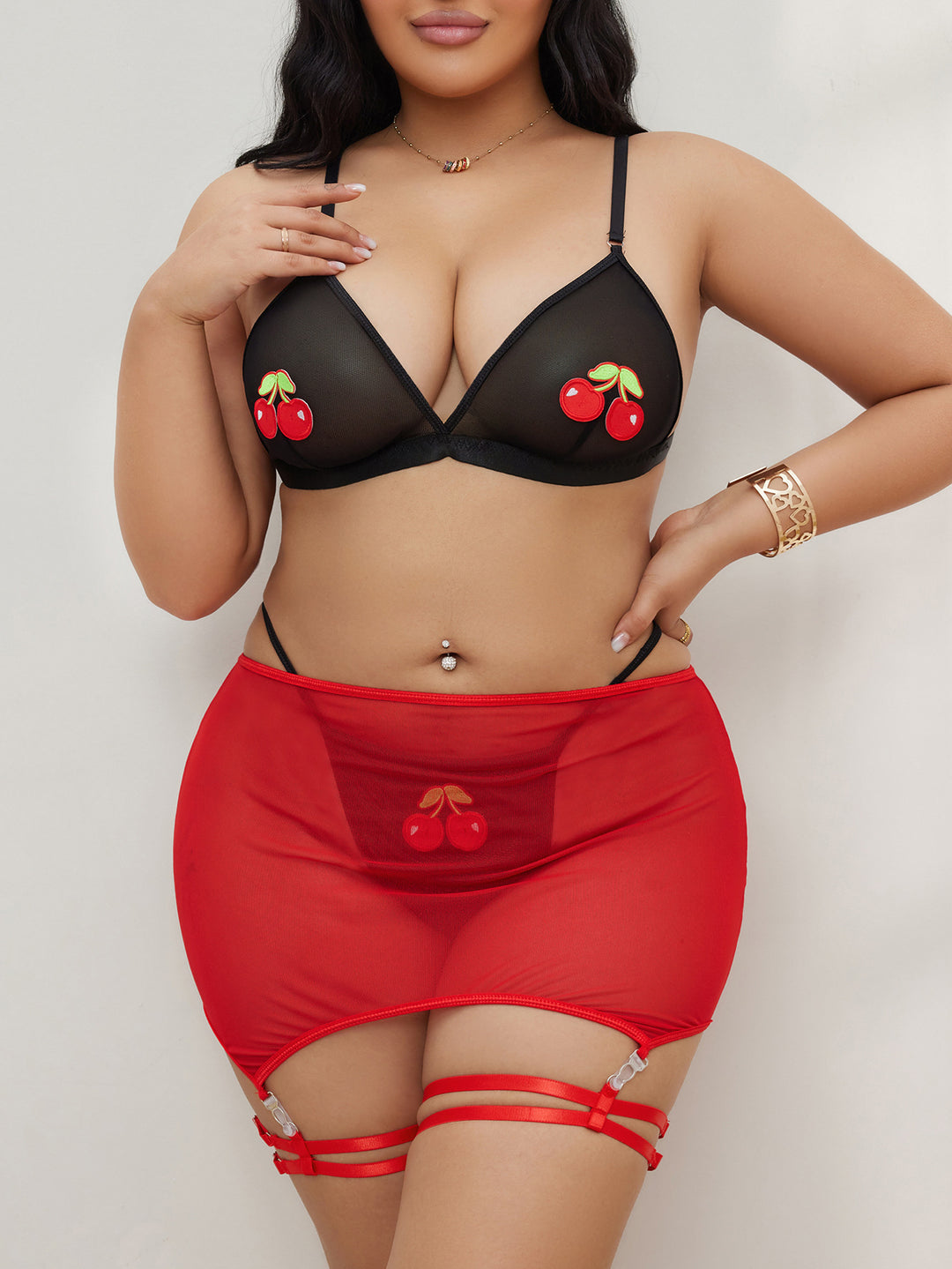 Cherry Embroidered Sheer Lingerie Set