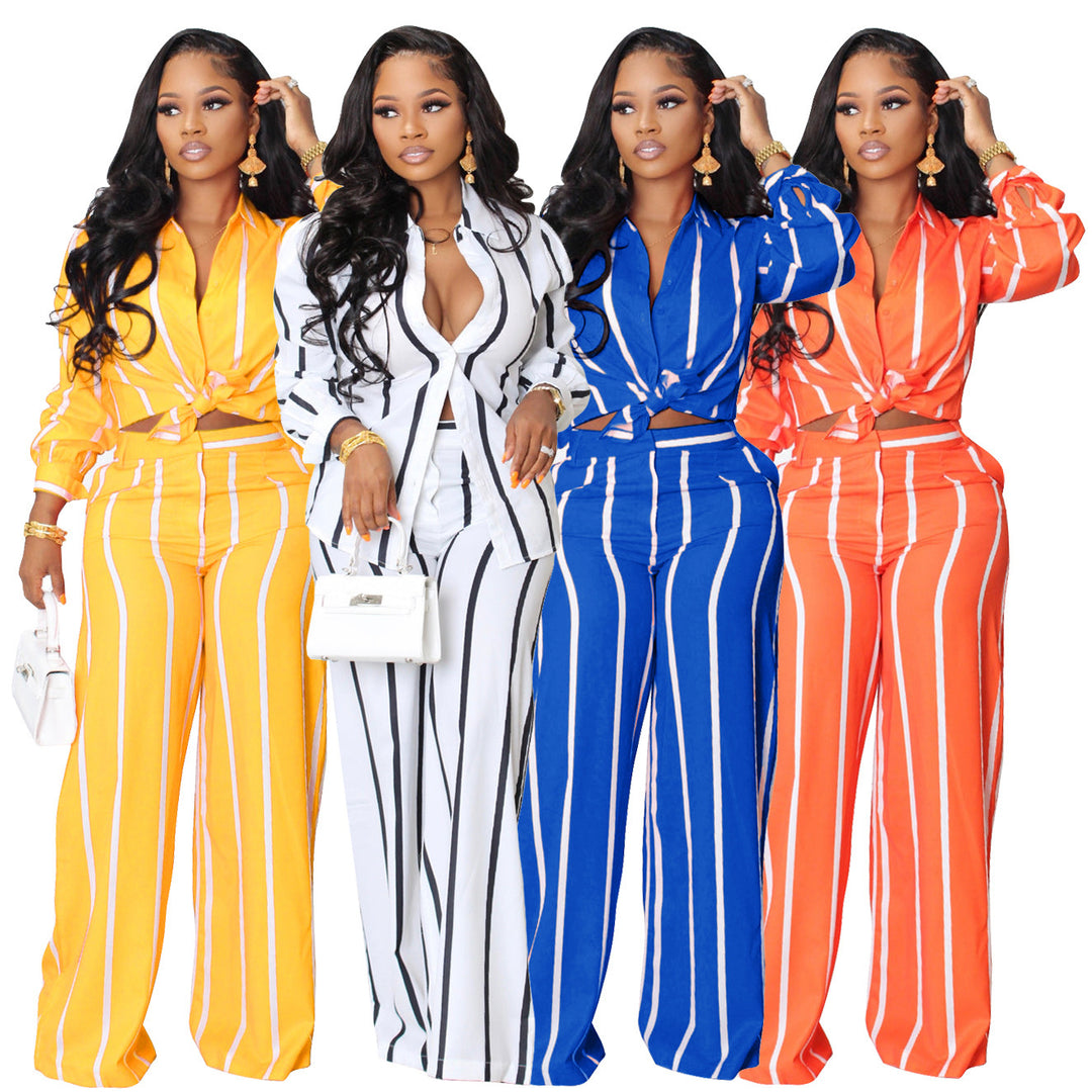 Striped Button-Up Shirt &amp; Straight Leg Pants Set