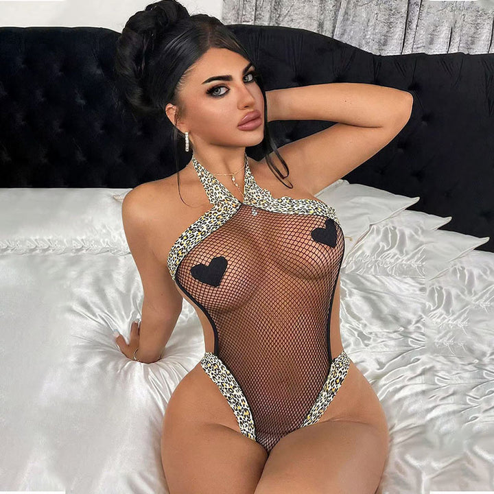Leopard Mesh Teddy Bodysuit – Bold Halter Neck Lingerie