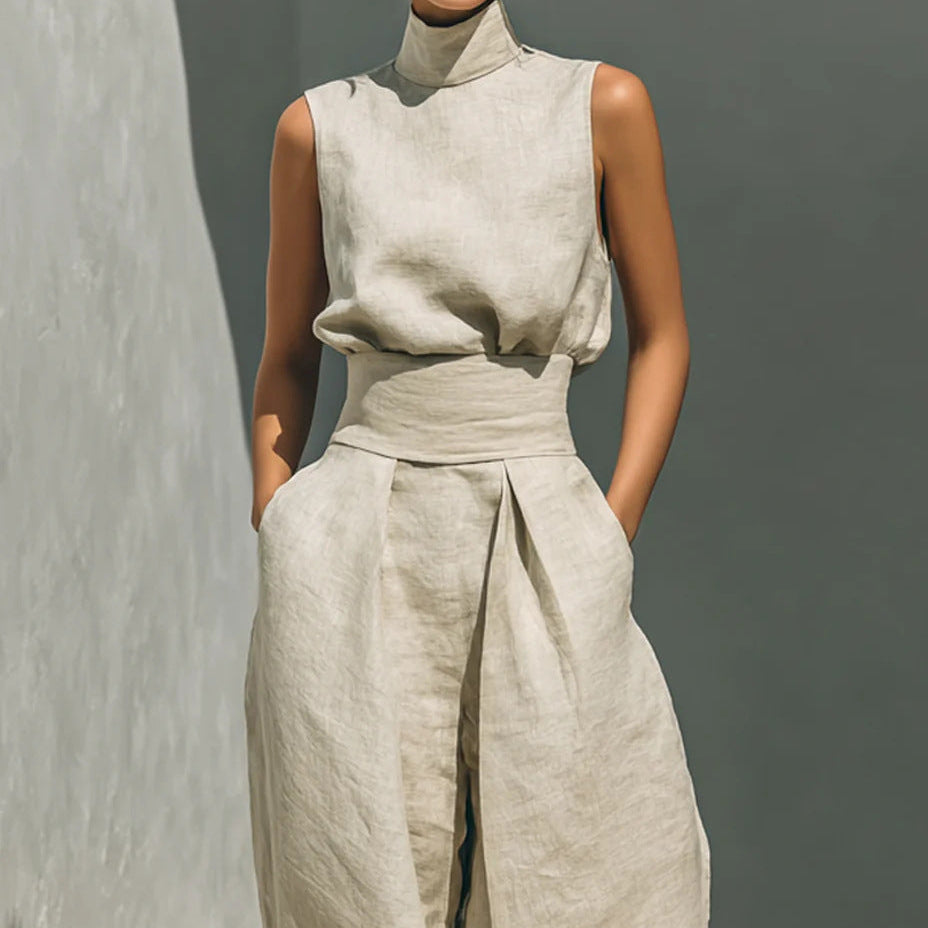 Linen Blend Sleeveless Top &amp; Wide Leg Pants Set
