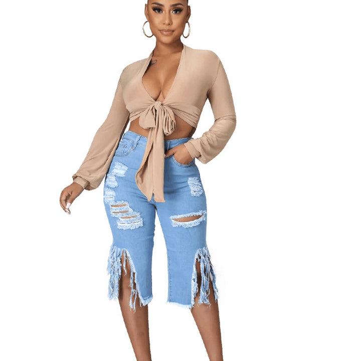 High-Waisted Distressed Frayed Hem Bermuda Jeans