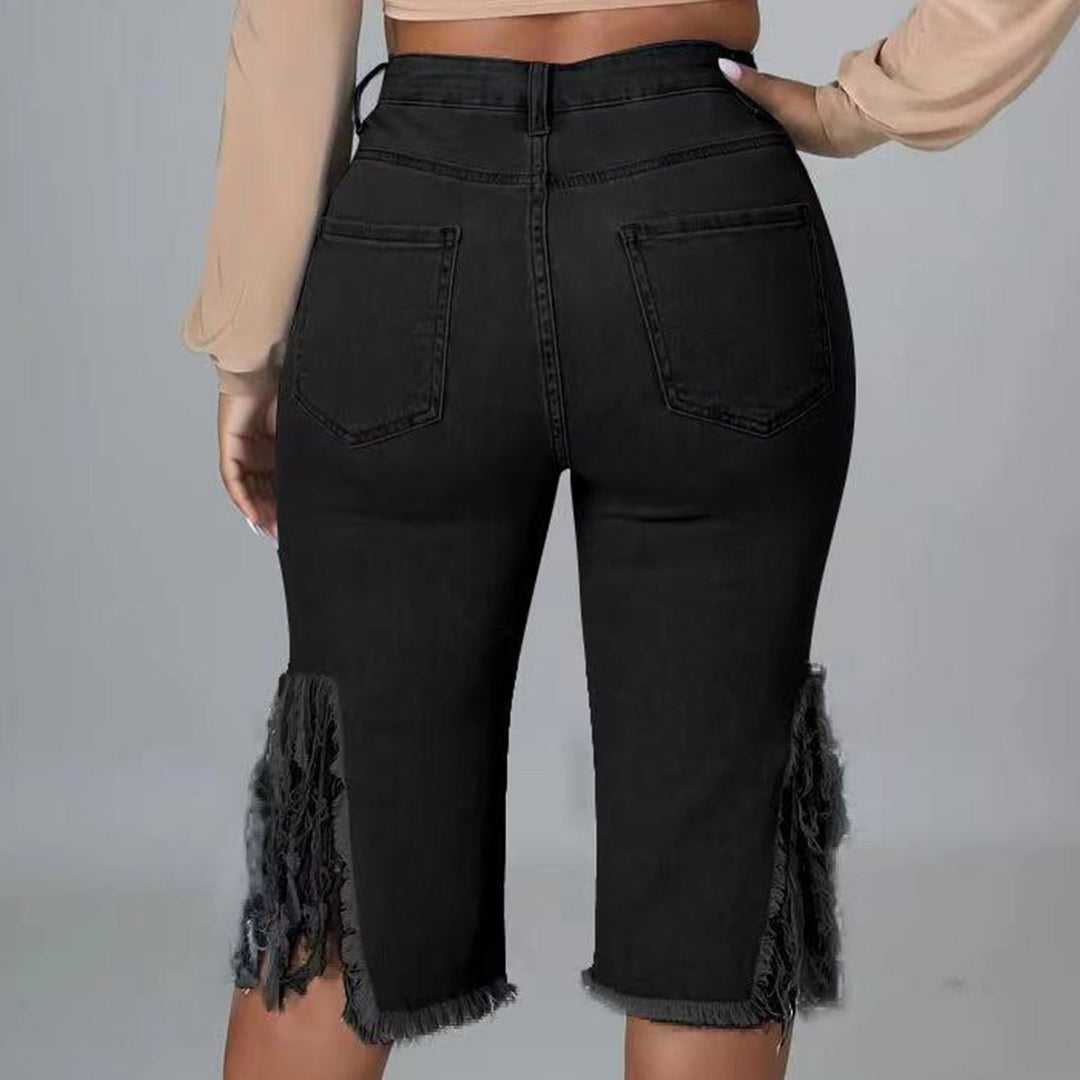 High-Waisted Distressed Frayed Hem Bermuda Jeans