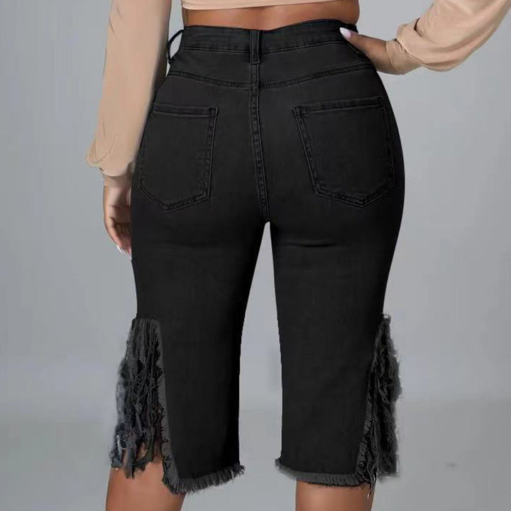 High-Waisted Distressed Frayed Hem Bermuda Jeans