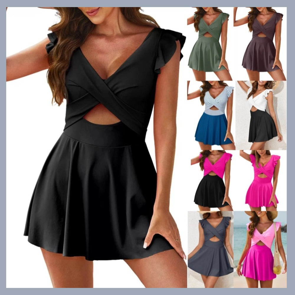 Ruffle Cross-Front One-Piece Swimdress