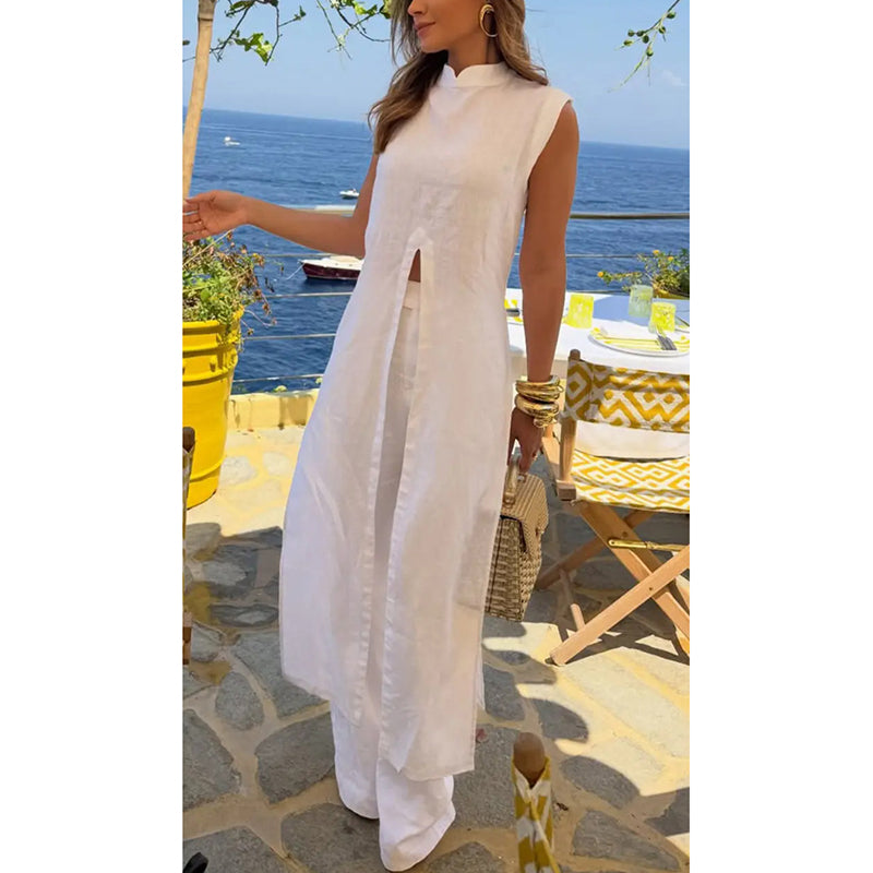 Cotton slit long top and pants set