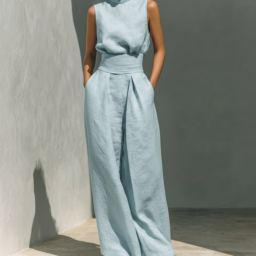 Linen Blend Sleeveless Top &amp; Wide Leg Pants Set