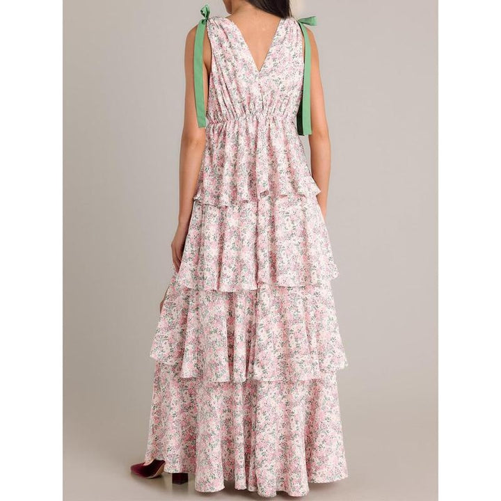 Elegant Tie-Shoulder Floral Tiered Maxi Dress