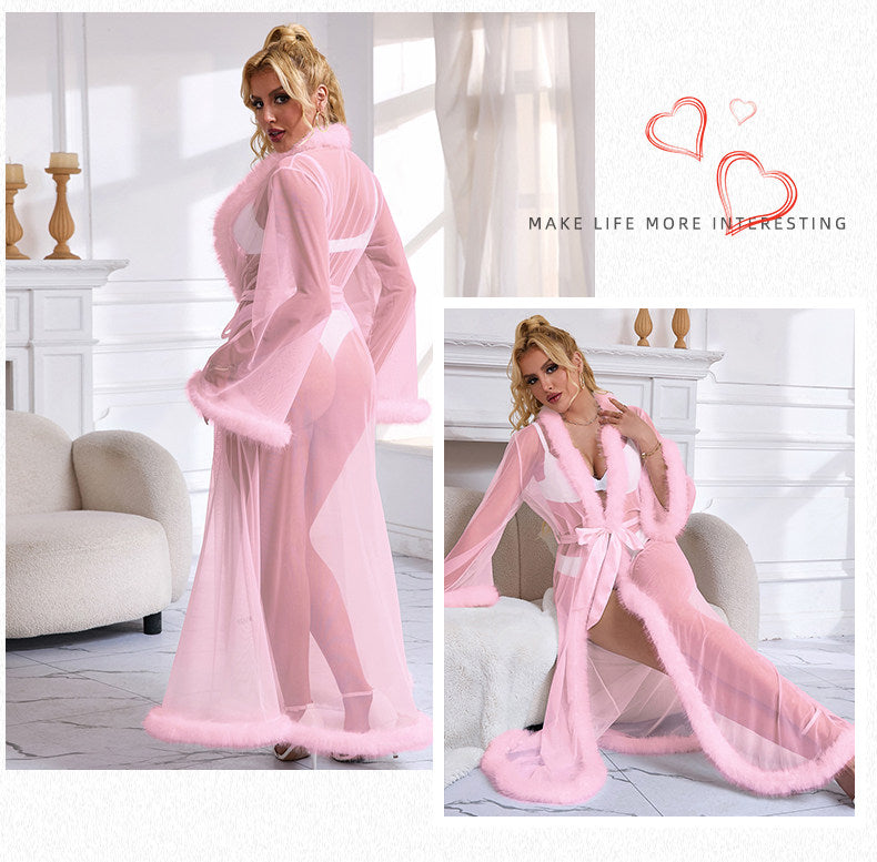 Sheer Mesh Fur Trim Long Robe