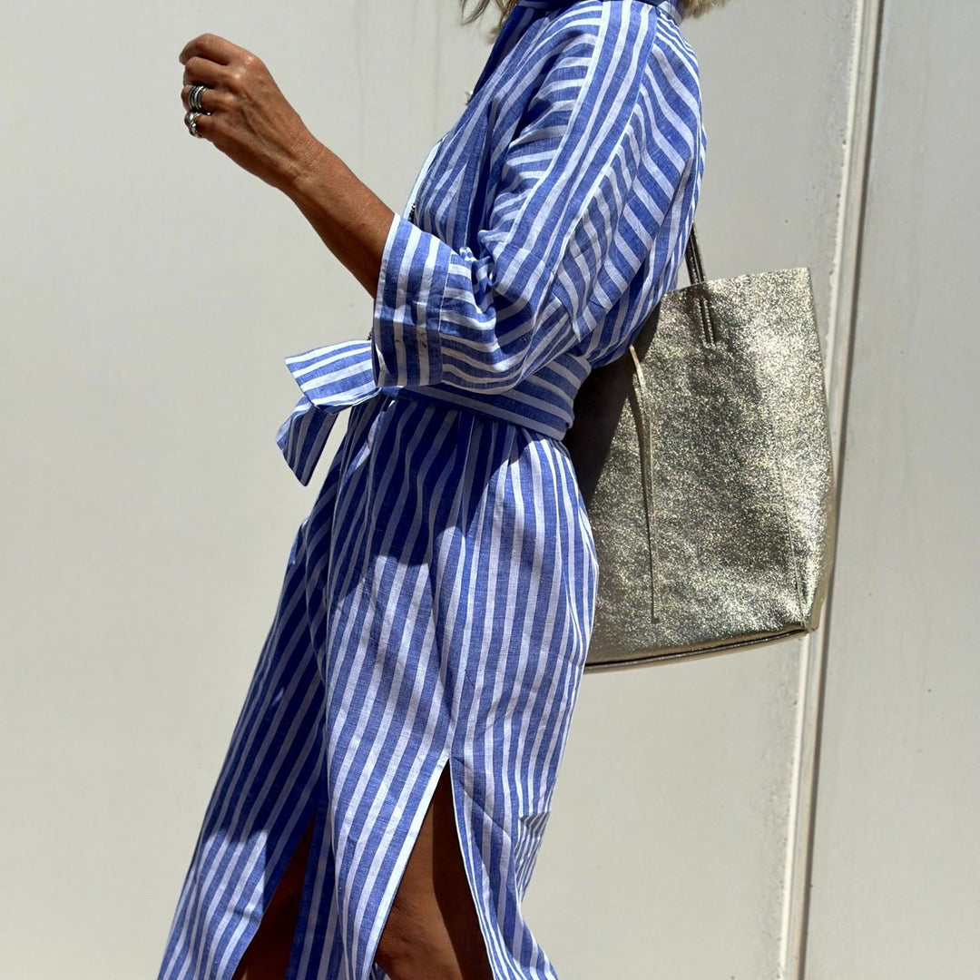 Relaxed Striped Collared Midi Shirt Dress
