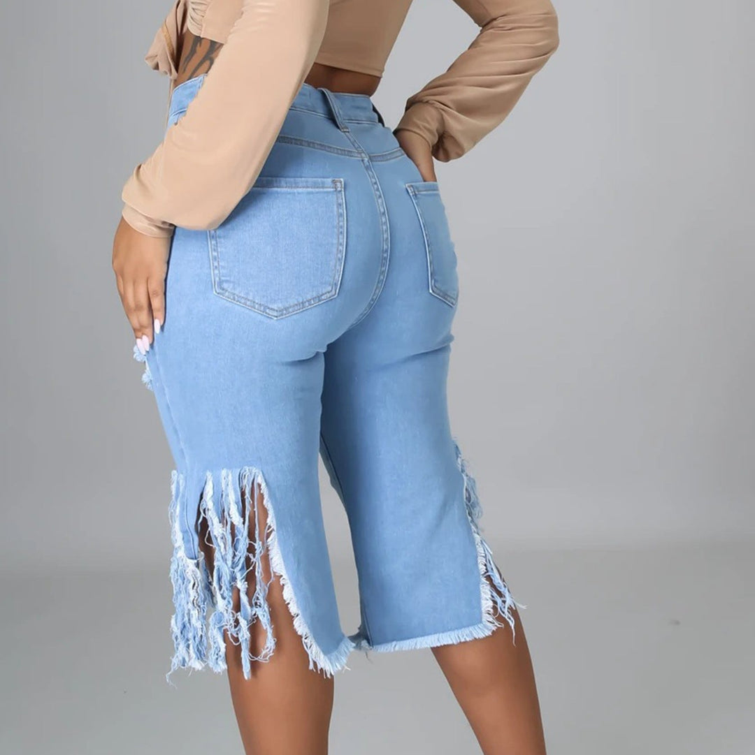 High-Waisted Distressed Frayed Hem Bermuda Jeans
