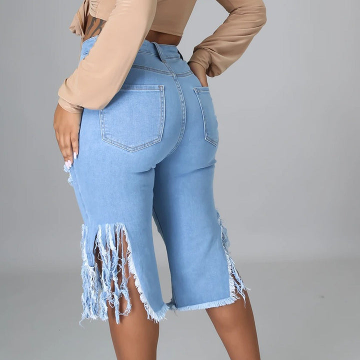 High-Waisted Distressed Frayed Hem Bermuda Jeans