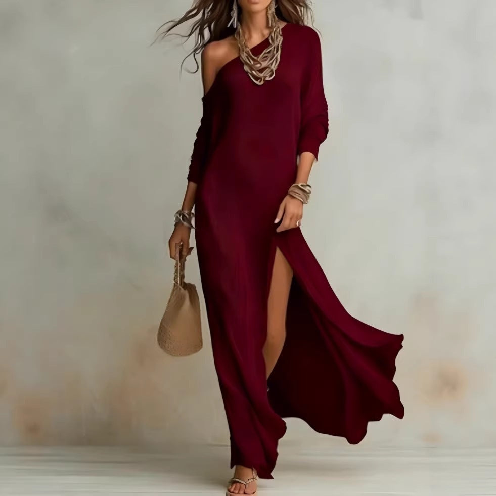 Ruched Knit Slit Midi Dress