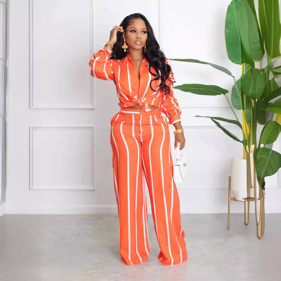 Striped Button-Up Shirt &amp; Straight Leg Pants Set