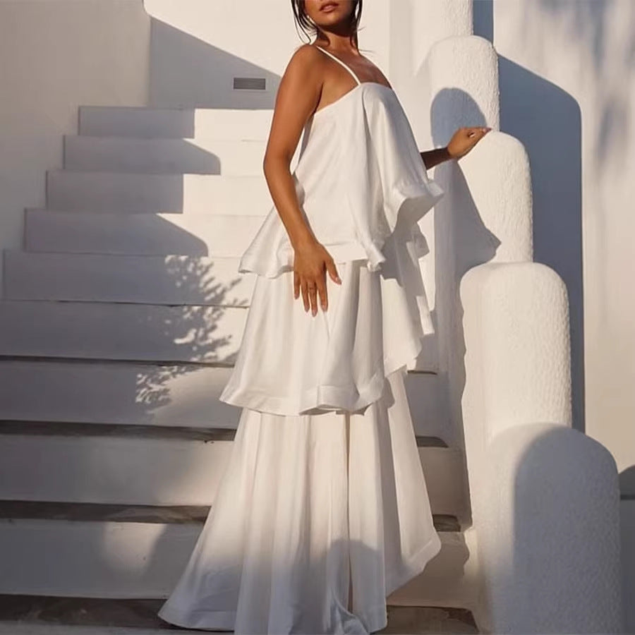 Elegant Tiered Satin Resort Maxi Dress