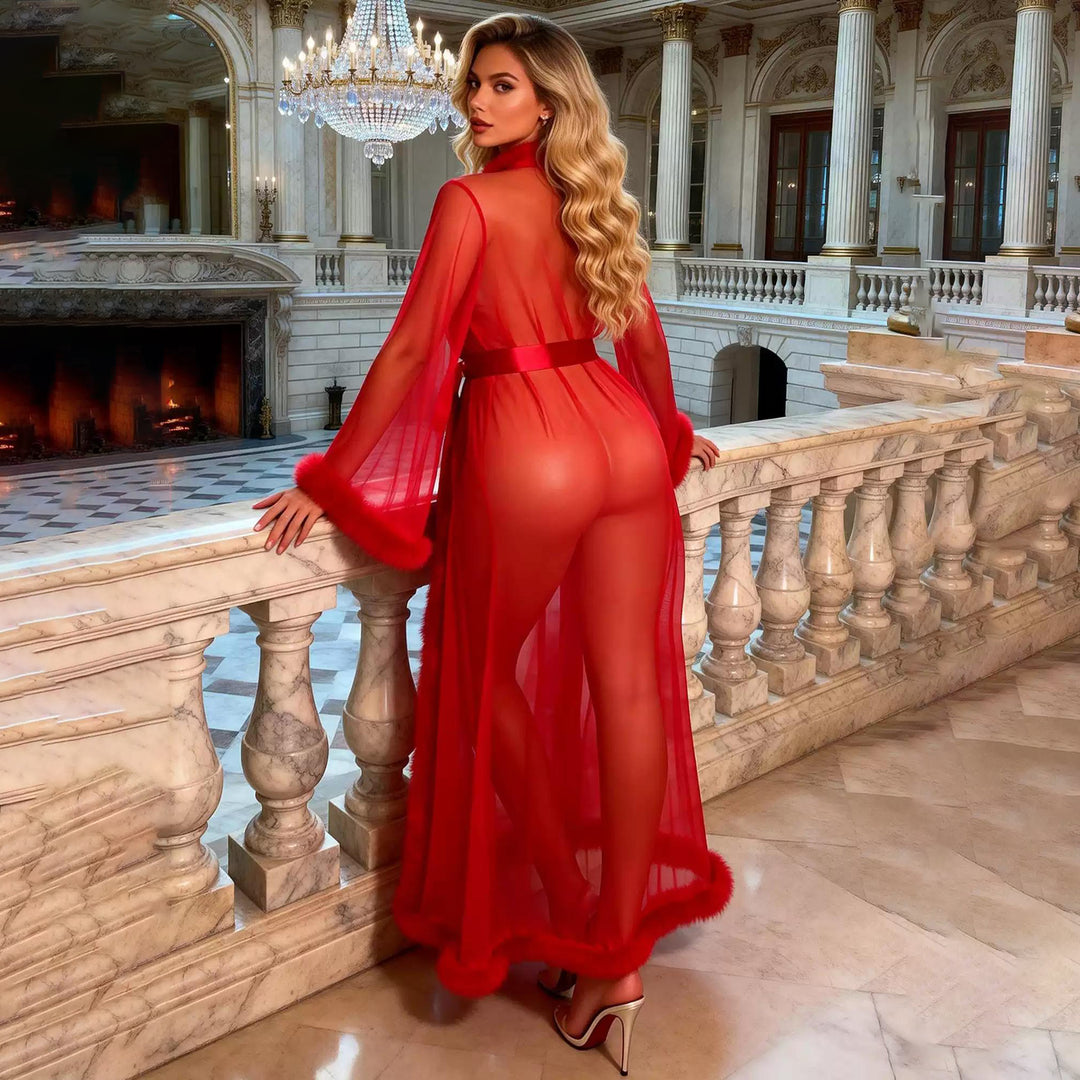 Sheer Mesh Fur Trim Long Robe
