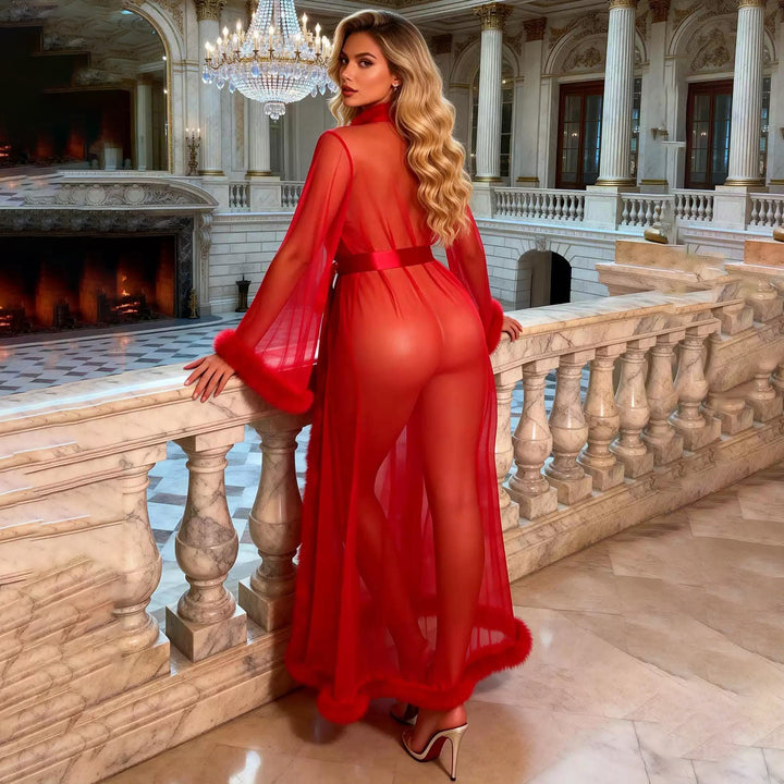 Sheer Mesh Fur Trim Long Robe